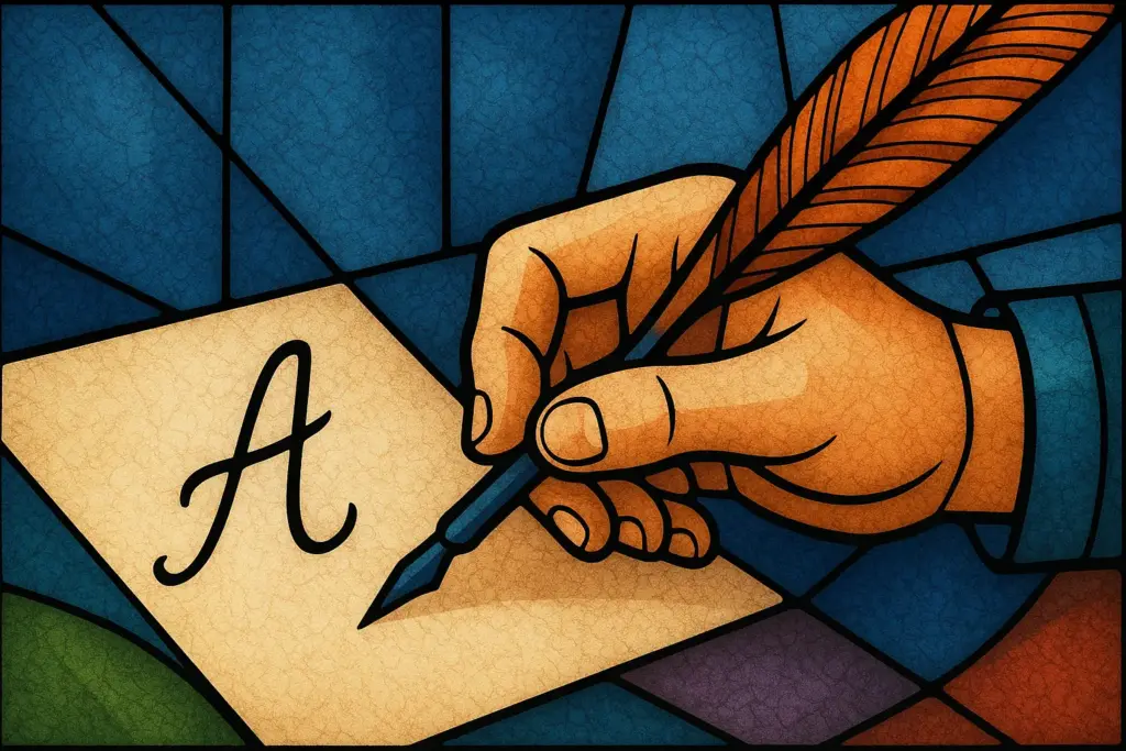 Symbolbild Handschrift. Eine Hand mit Federkiel (Schreibfeder) schreibt den Buchstaben A auf ein Blatt Papier. Stil moderne Glasmalerei