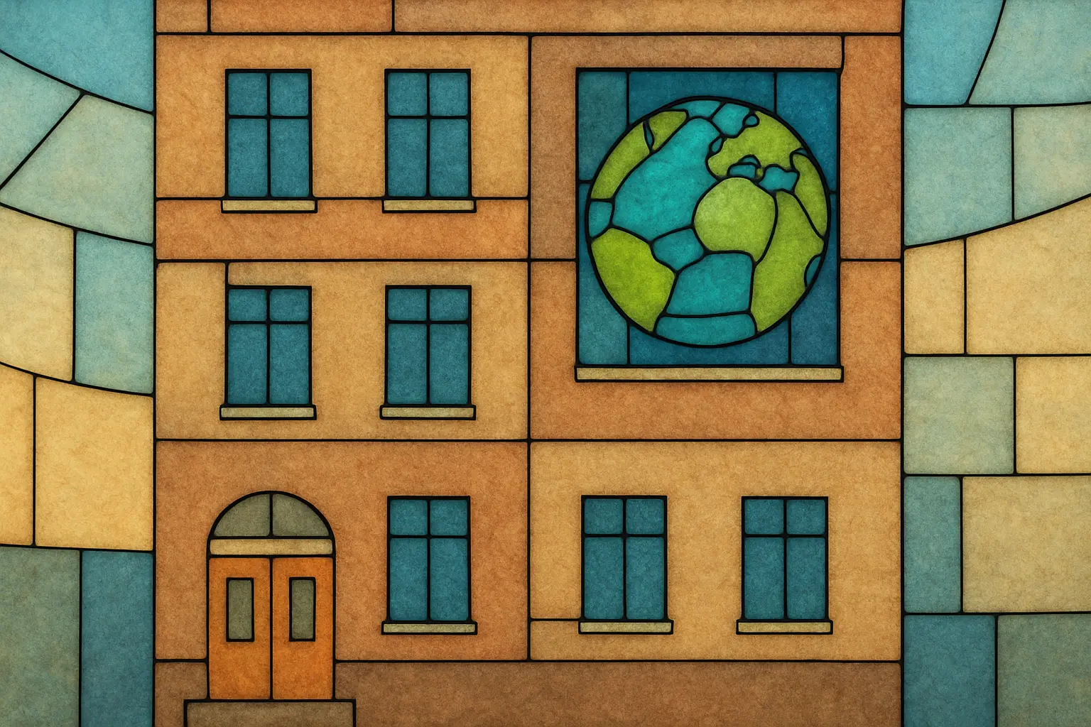 Stilisiertes Haus, in einem Fenster eine Weltkugel, Symbolbild Kategorie Privat & Persönlich; im Stil Glasmalerei
