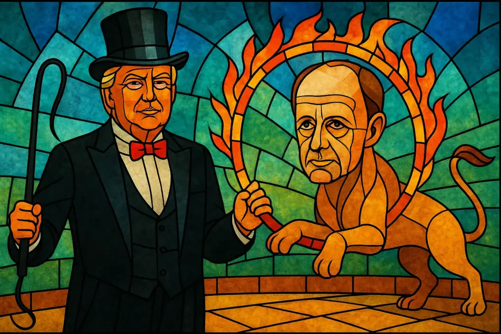 Donald Trump als Zirkus-Dompteur mit Peitsche und Feuerreifen, Friedrich Merz als Löwe, der durch den Feuerreifen springt. Im Stil modernern Blasmalerei