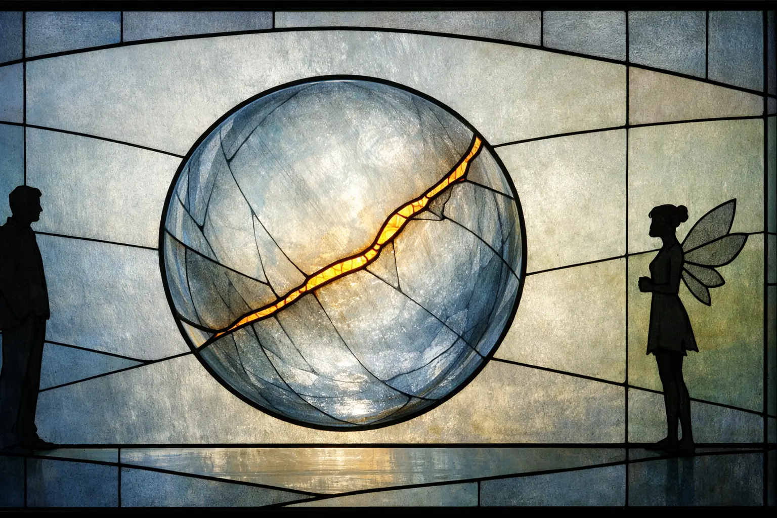 Eine mystische Glaskugel, Symbol für einen Wunsch. Aus einem Riss dringt Licht, links der Kugel der Schattenriss eines Menschen, rechts der Kugel der Schattenriss einer Fee.